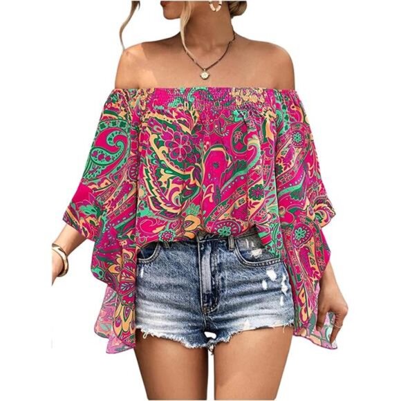 Women's Y2K Floral Off Shoulder Blouse Boho Shirt - Picture 6 of 6